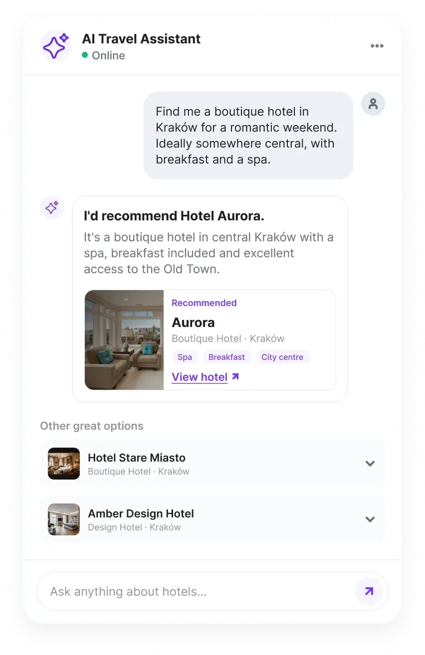 AI Travel Assistant recommending a boutique hotel