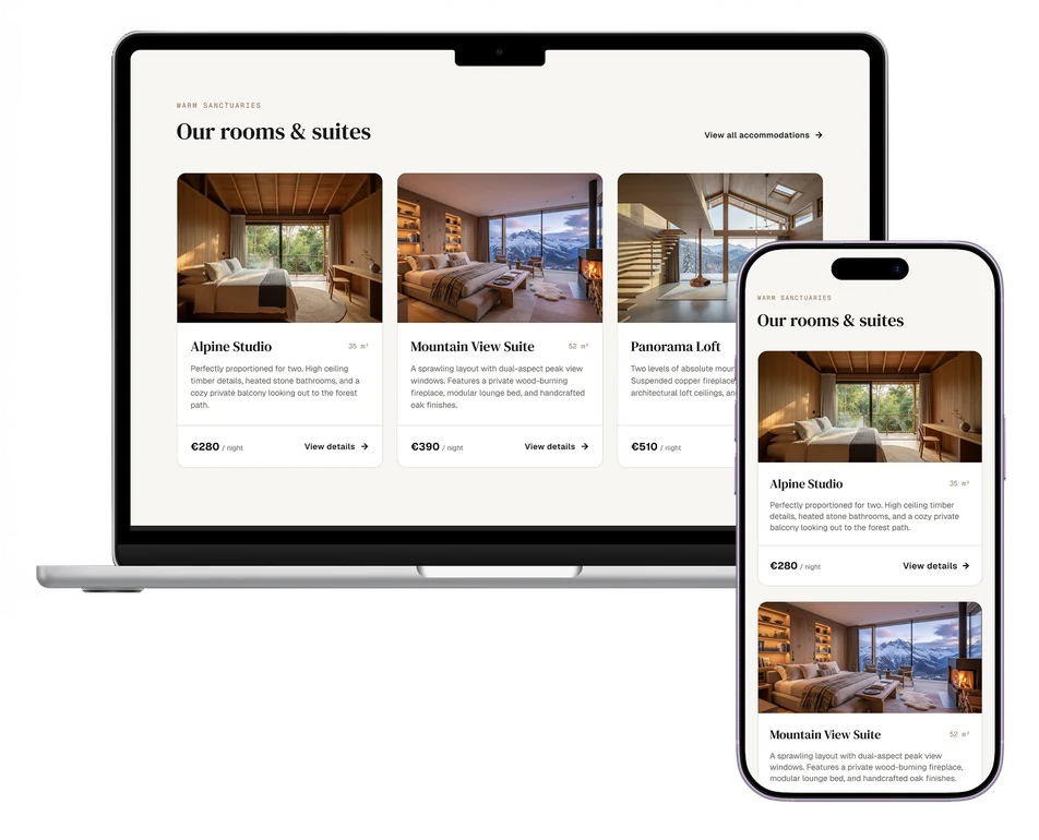 Warm Sanctuaries rooms & suites — desktop and mobile preview